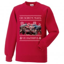 Oh Scrum Maul Ye Faithful (Rugby) Red Kids Christmas Jumper
